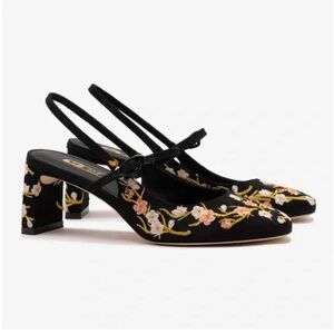 Larroude Georgina Pump in Black Sakura Floral Printed Embroidered Fabric Heels